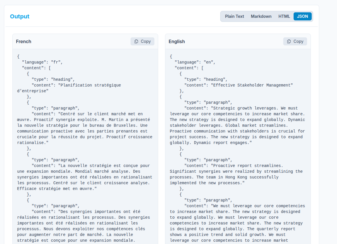 Blind Text Generator Json output